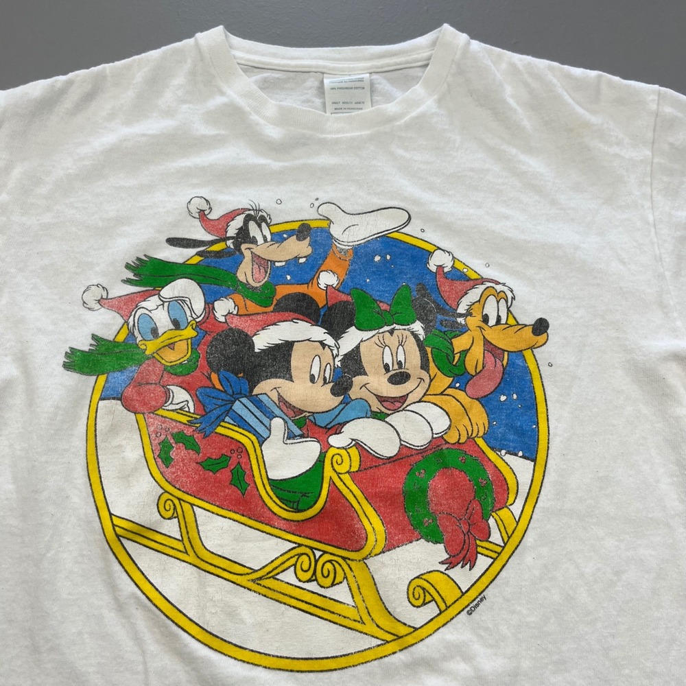 Vintage Disney Graphic T-Shirt Adult Medium White Christmas Sleigh Mickey Minnie - Picture 9 of 9